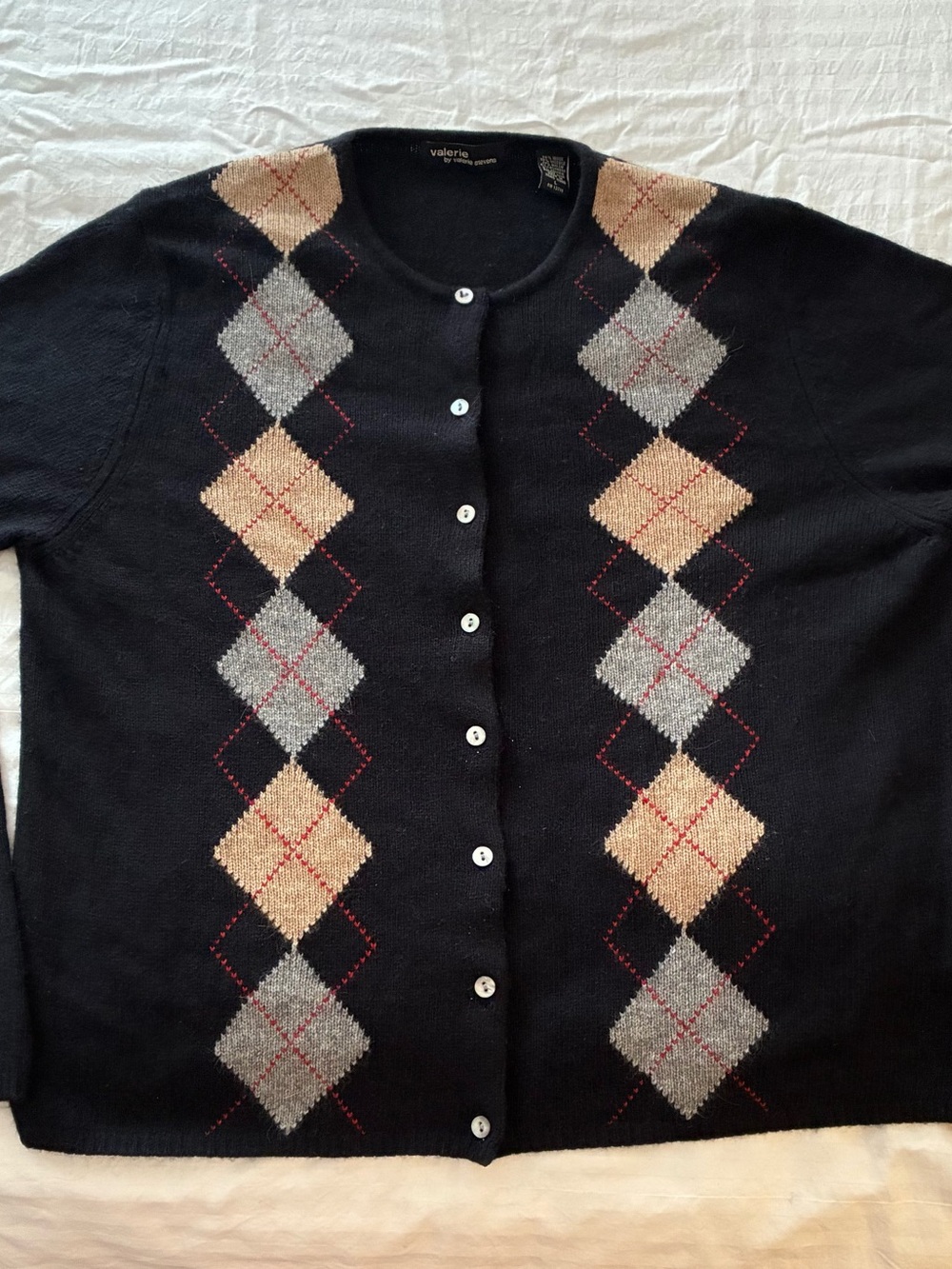 Valerie Stevens Argyle Cardigan with Gray and Tan Diamonds
